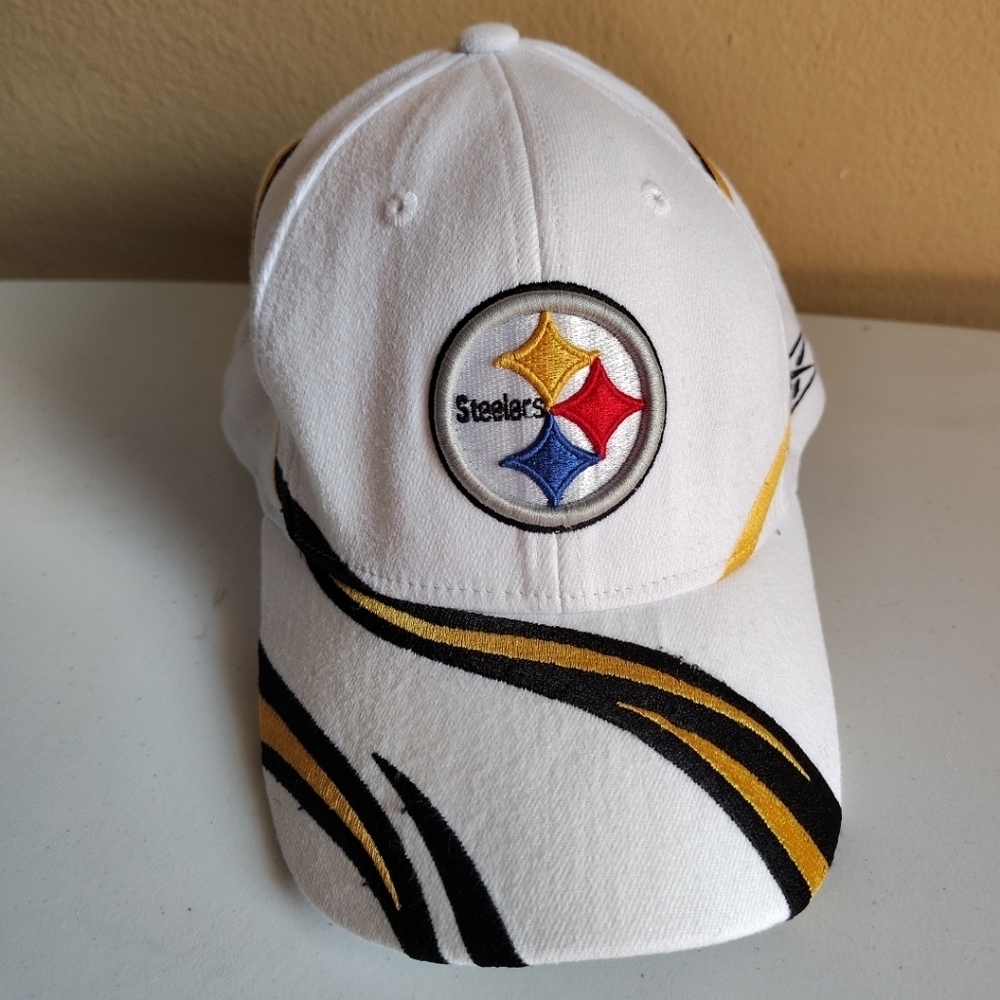 Reebok Vintage NFL Steelers Football Swirl Design OS Elastic Ball Cap Hat Y2K